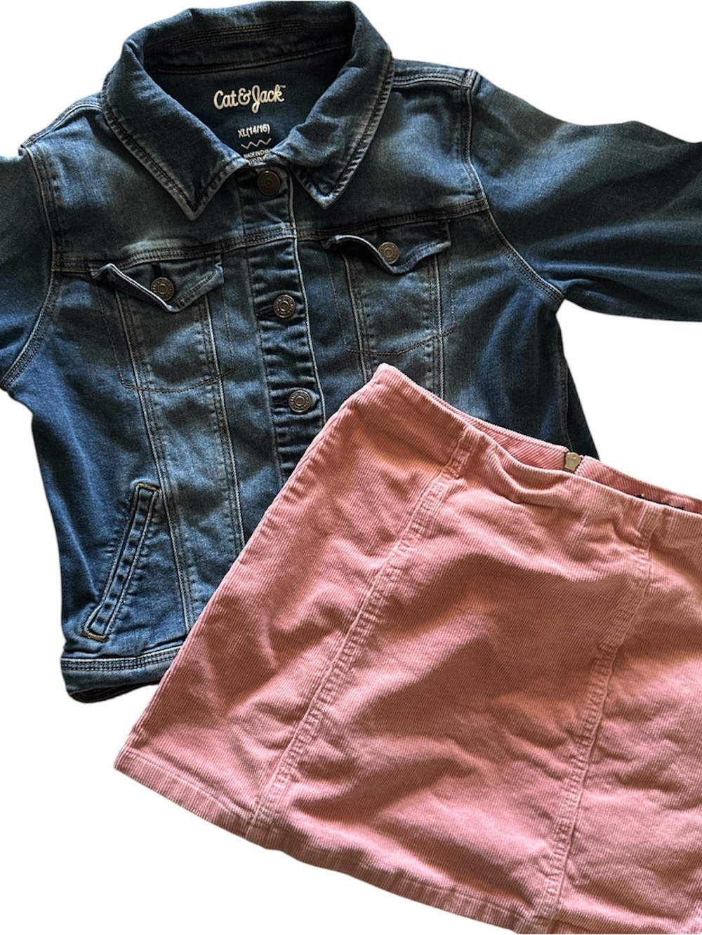 Cat & Jack Girls XL 14/16 Denim Jacket + Forever 21 Kids 13/14 Pink Skirt Bundle